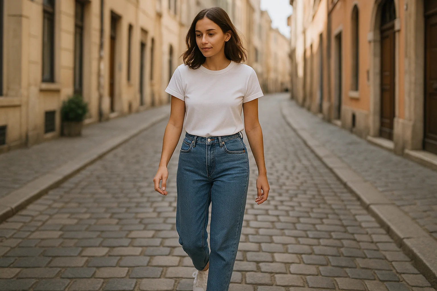 Outfit cu blugi dama mom fit si tricou alb - street style