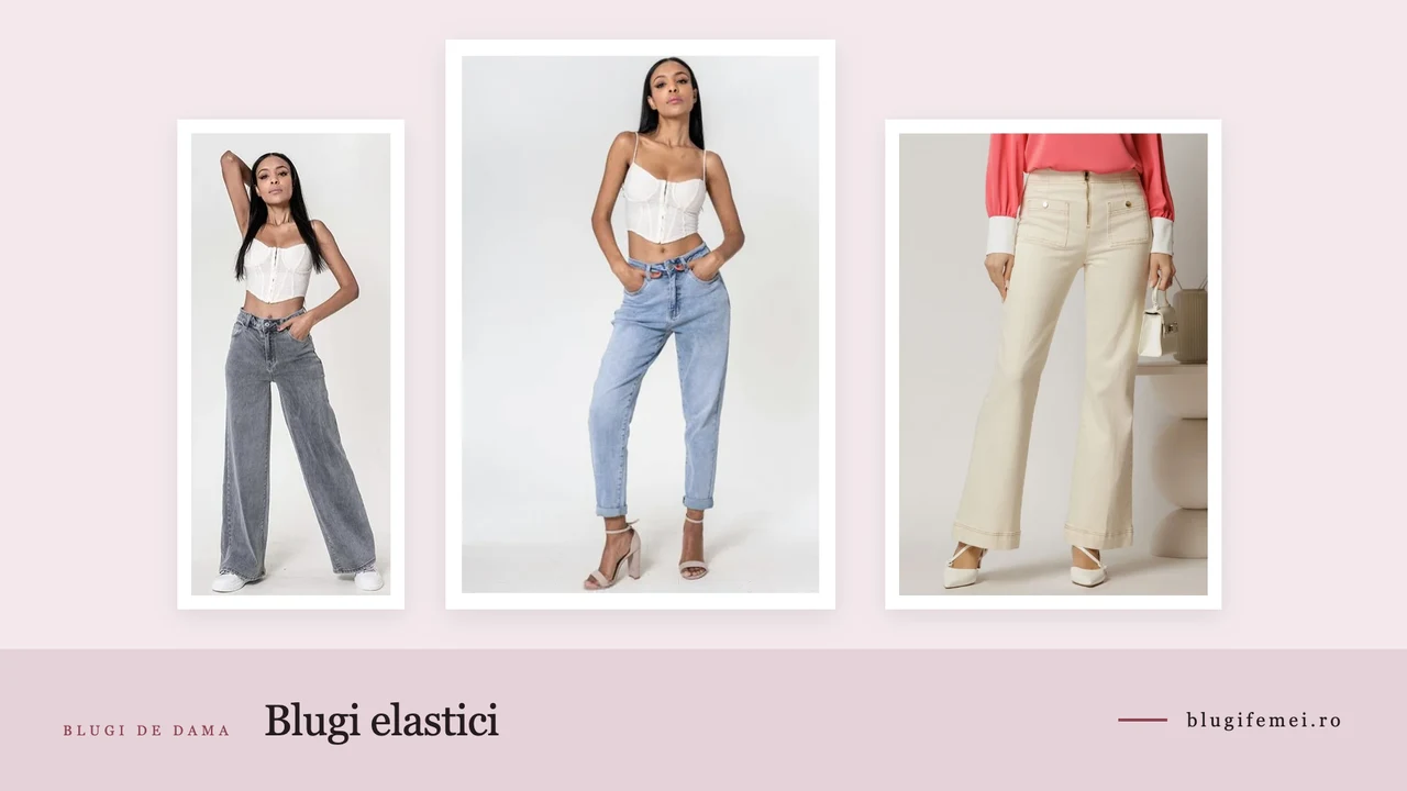 Trei perechi de blugi dama elastici: wide leg gri, mom fit albastru deschis si evazati ivoar
