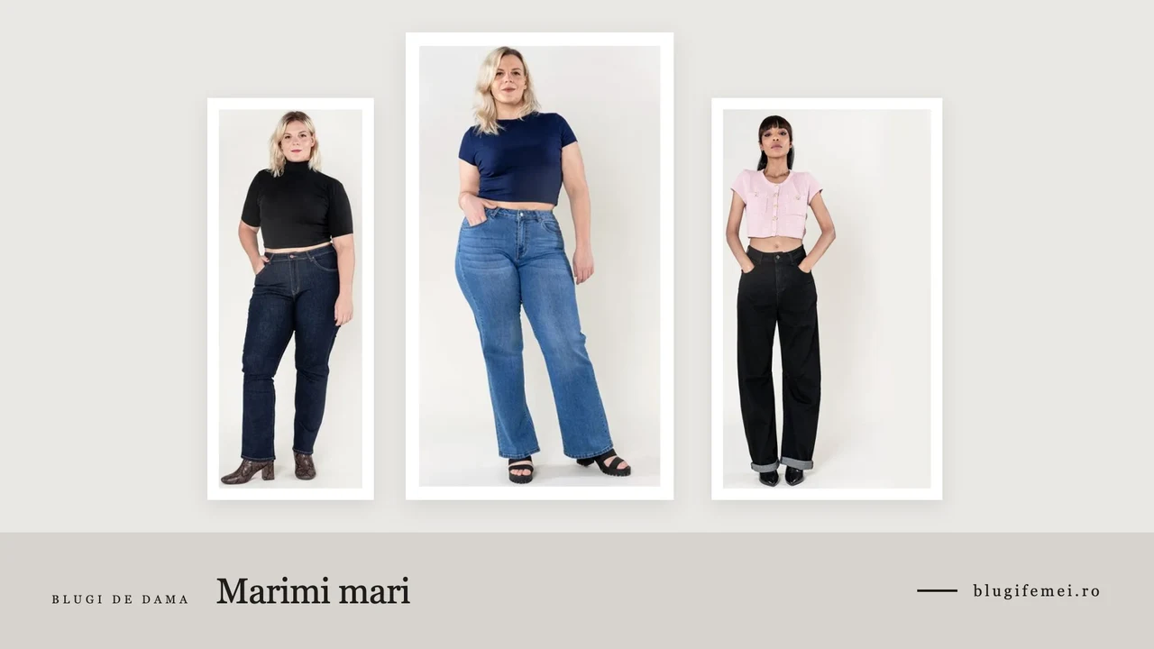 Trei perechi de blugi dama marimi mari: regular fit indigo, evazati albastri si croi barrel negru