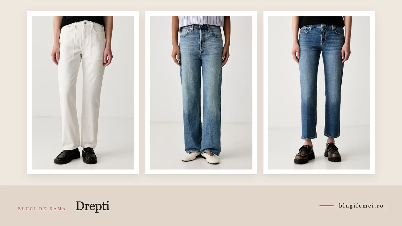 Trei perechi de blugi drepti dama: Karl Lagerfeld albi, Levi's Ribcage Straight si 7 For All Mankind
