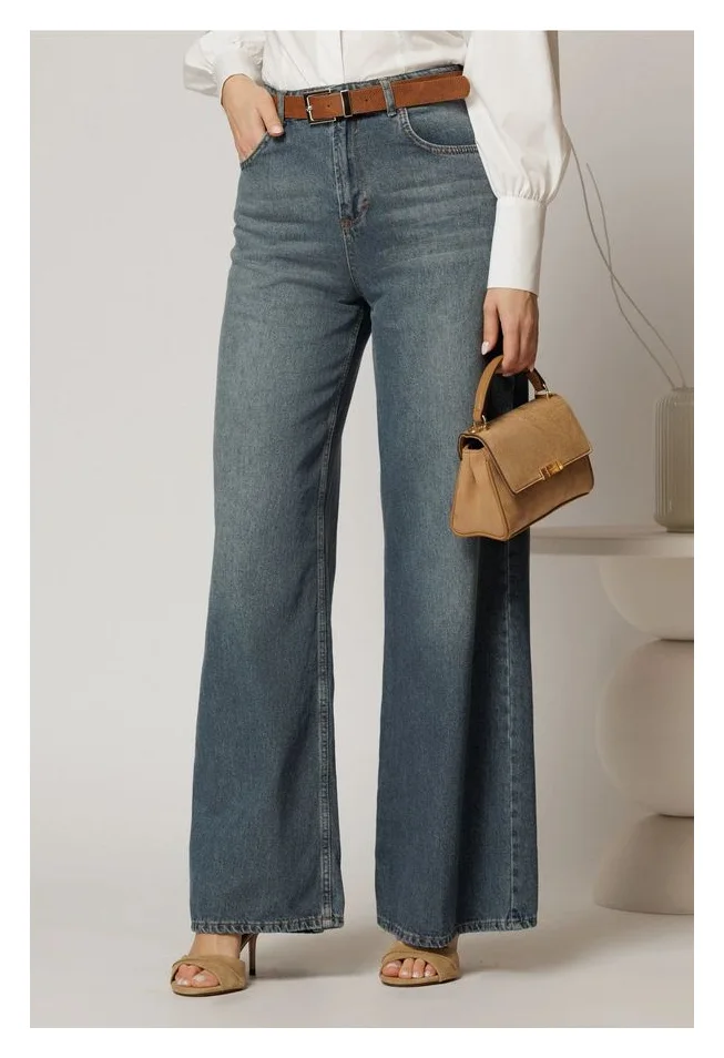 Blugi dama albastru denim cu croi larg si curea